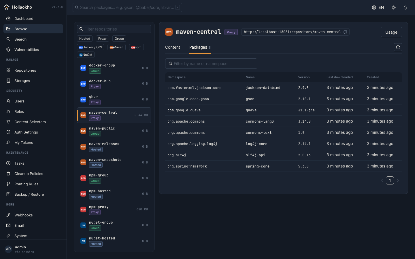 Browsing the packages cached in a Maven proxy