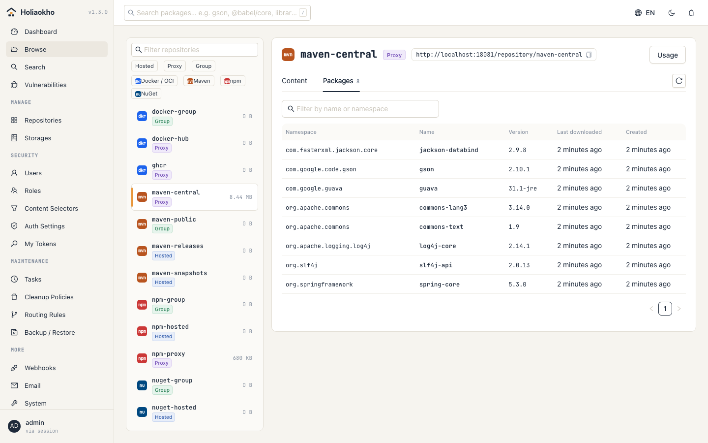 Browsing the packages cached in a Maven proxy